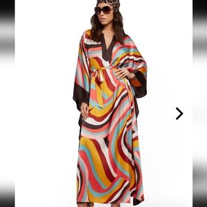 NEW YORK & CO. NWT BOHO ABSTRACT MULTICOLOR SILKY MAXI CAFTAN WOMEN'S SZ SMALL